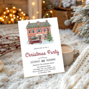 Vintage Red Brick House Christmas Party Invitation