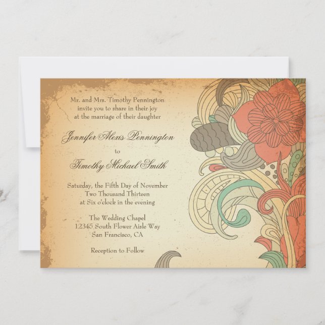Vintage red brown floral swirls wedding invitation (Front)