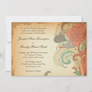 Vintage red brown floral swirls wedding invitation