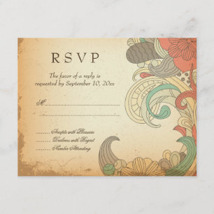 Vintage red brown floral swirls wedding RSVP card