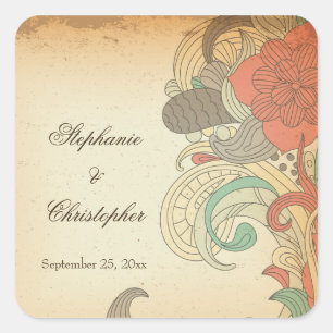 Vintage red brown floral swirls wedding stickers