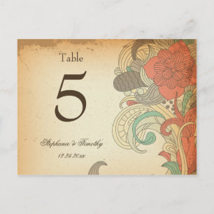 Vintage red brown floral wedding table number postcard