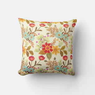 Vintage Red Brown Green Floral Canvas Pattern Cushion