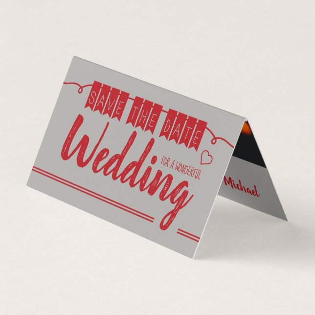 Vintage Red Bunting, Photo Save The Date Card (Front)