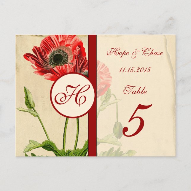 Vintage Red Burgundy Poppy Table Number Cards (Front)