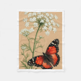 Vintage Red Butterfly and White Flower Fleece Blan Blanket