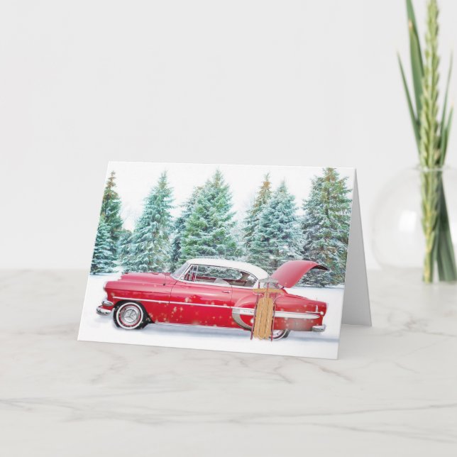 Vintage Red Car Christmas Card (Front)