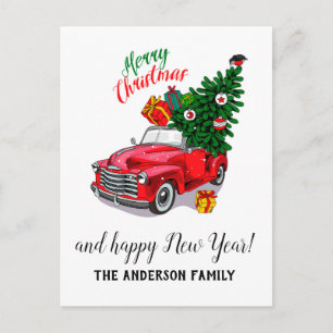 Vintage Red car  Christmas Holiday Postcard