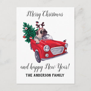 Vintage Red car  Christmas Holiday Postcard