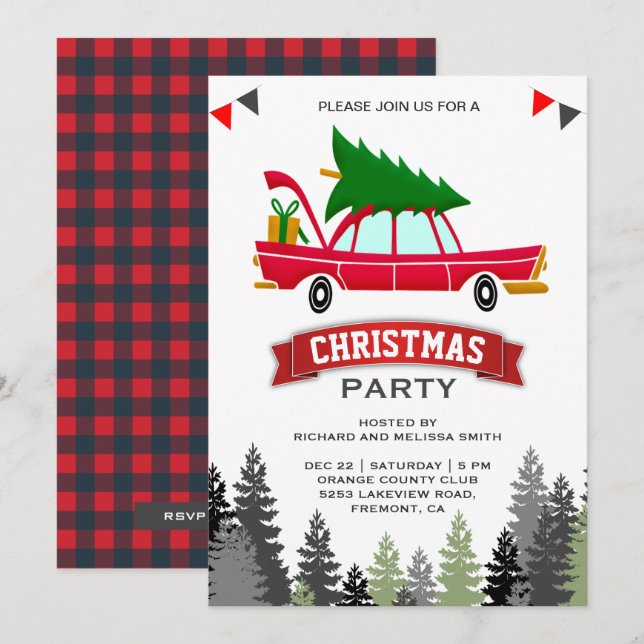 Vintage Red Car Christmas Party Invitation (Front/Back)