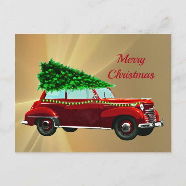 Vintage Red Car Christmas Postcard (Front)