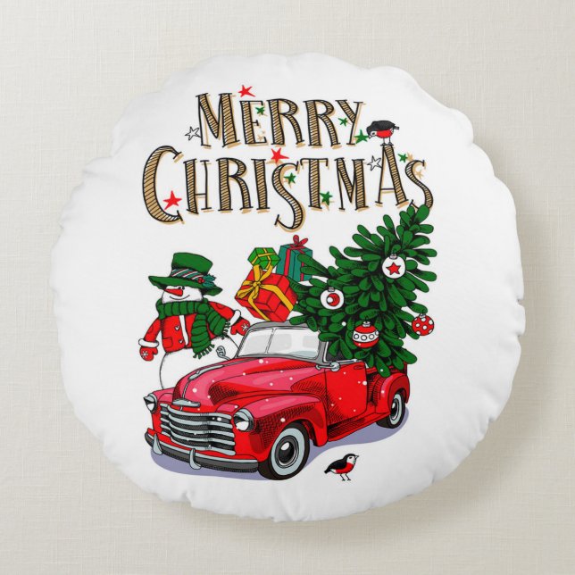 Vintage Red car  Christmas Round Cushion (Front)