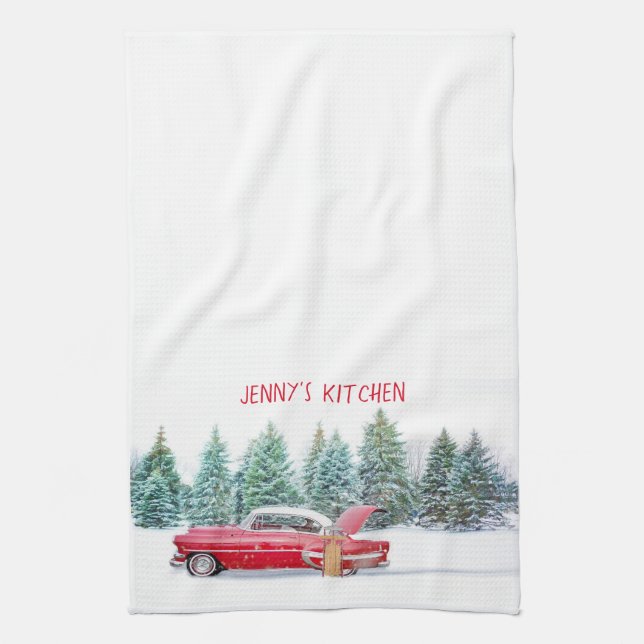 Vintage Red Car Christmas Tea Towel (Vertical)