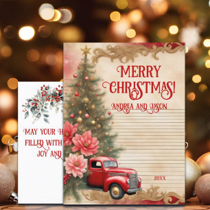 Vintage Red Car Gold Glitter Winter Postcard