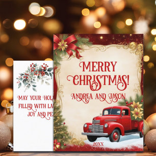 Vintage Red Car Gold Glitter Winter Postcard