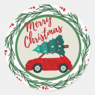 Vintage red car merry christmas  classic round sticker