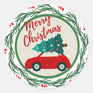 Vintage red car merry christmas classic round sticker