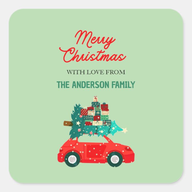 Vintage Red Car Merry Christmas Personalised  Square Sticker (Front)