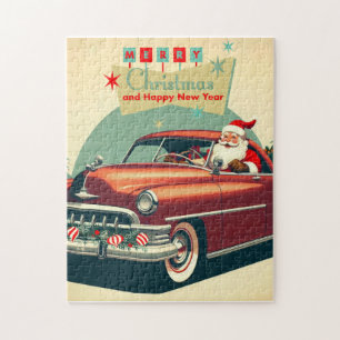 Vintage red car & Santa Jigsaw Puzzle