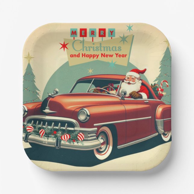 Vintage red car & Santa Paper Plate (Front)