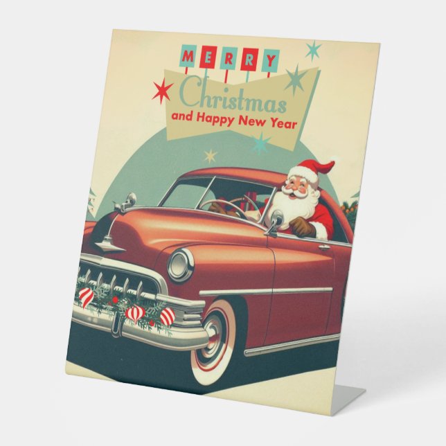 Vintage red car & Santa Pedestal Sign (Front)