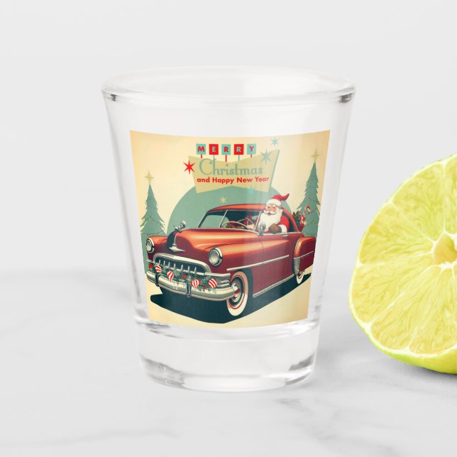 Vintage red car & Santa Shot Glass (Front)