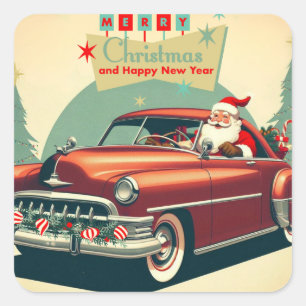 Vintage red car & Santa Square Sticker