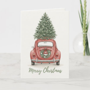 Vintage Red Car with Christmas Tree Card