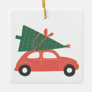 Vintage Red Car with Christmas Tree Custom Name Ceramic Ornament