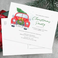 Vintage Red Car with Christmas Tree Family Party