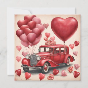 Vintage Red Car with Valentine's Day Balloons Holiday Card