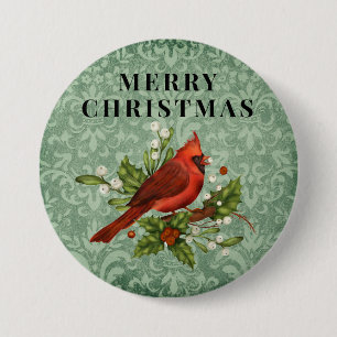 Vintage Red Cardinal Bird Merry Christmas  7.5 Cm Round Badge