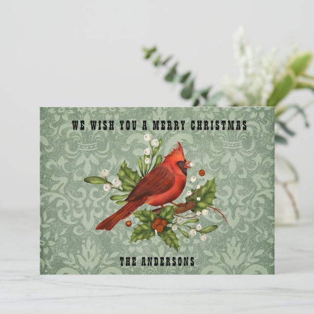 Vintage Red Cardinal Bird Merry Christmas  Holiday Card (Standing Front)