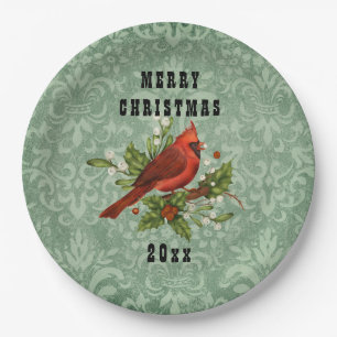 Vintage Red Cardinal Bird Merry Christmas  Paper Plate
