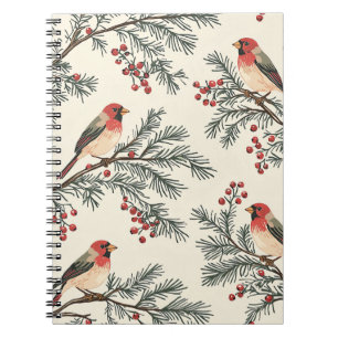 Vintage Red Cardinal Pine Berry Cream Christmas Notebook