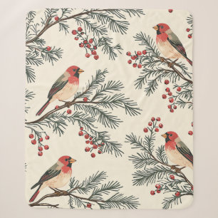 Vintage Red Cardinal Pine Berry Cream Christmas Sherpa Blanket