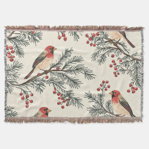 Vintage Red Cardinal Pine Berry Cream Christmas Throw Blanket