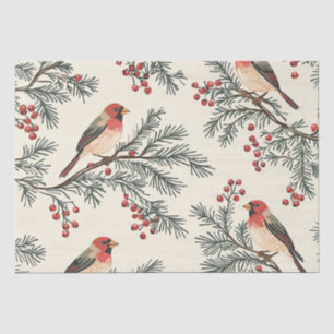 Vintage Red Cardinal Pine Berry Cream Christmas Tissue Paper