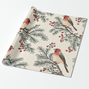 Vintage Red Cardinal Pine Berry Cream Christmas Wrapping Paper