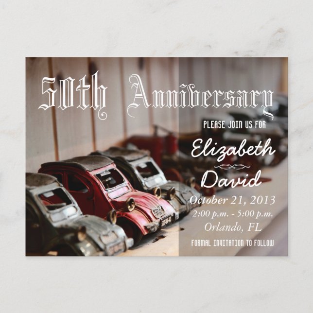 Vintage Red Cars 50th Anniversary Announcement Postcard (Front)