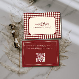 Vintage Red Chequered Old Money QR Code Wedding RSVP Card