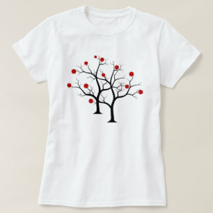 Vintage Red Cherry Blossom Flower Black T-Shirt