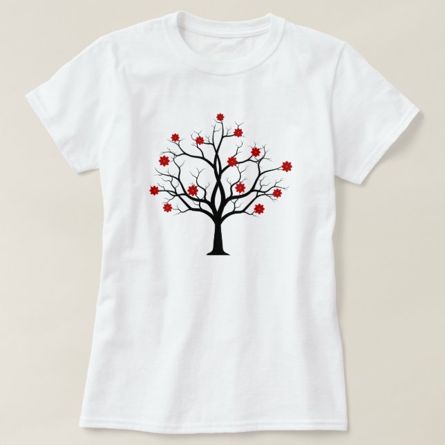 Vintage Red Cherry Blossom Flower Black T-Shirt (Design Front)