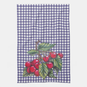 Vintage Red Cherry Blue Gingham Country Kitchen Tea Towel