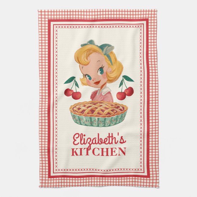 Vintage Red Cherry Gingham Kitchen Towel (Vertical)