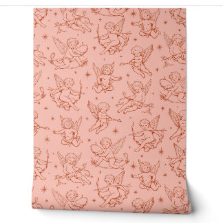 Vintage Red Cherub and Cupid Celestial Toile Wallpaper
