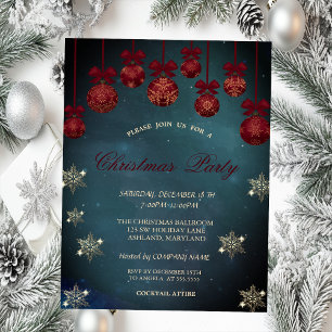 Vintage Red Christmas Balls, Snowflakes Company Invitation