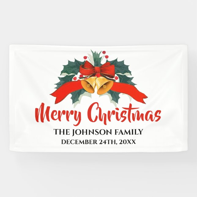 Vintage Red Christmas Bell Ribbon Bow Banner (Horizontal)