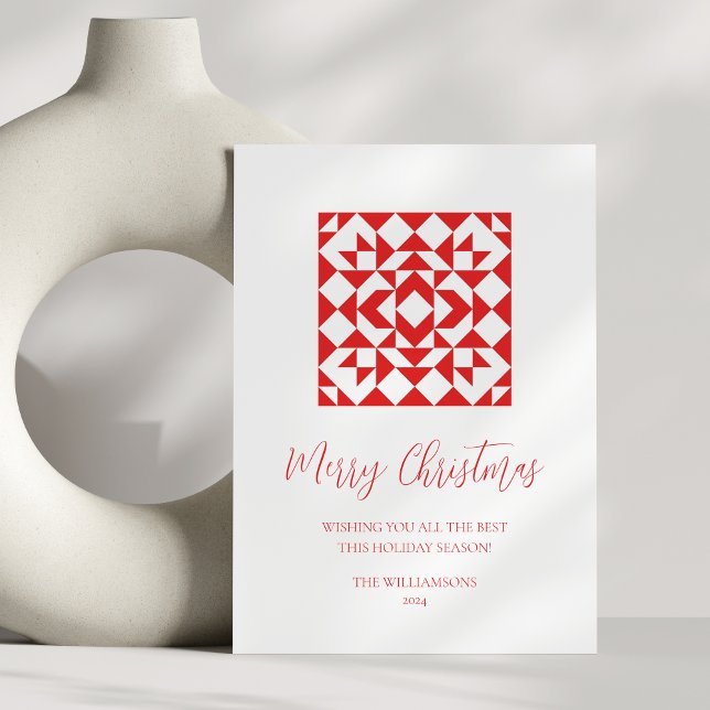 Vintage Red Christmas Geometric Quilt Personalised Holiday Card (Creator Uploaded)
