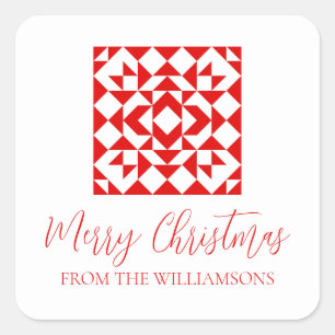 Vintage Red Christmas Geometric Quilt Personalised Square Sticker